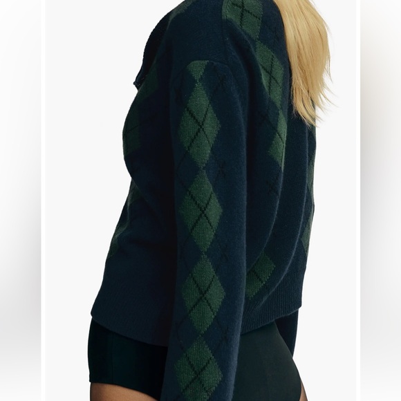 Reformation Clara Cashmere Crew Cardigan in Navy Argyle - Picture 3 of 6